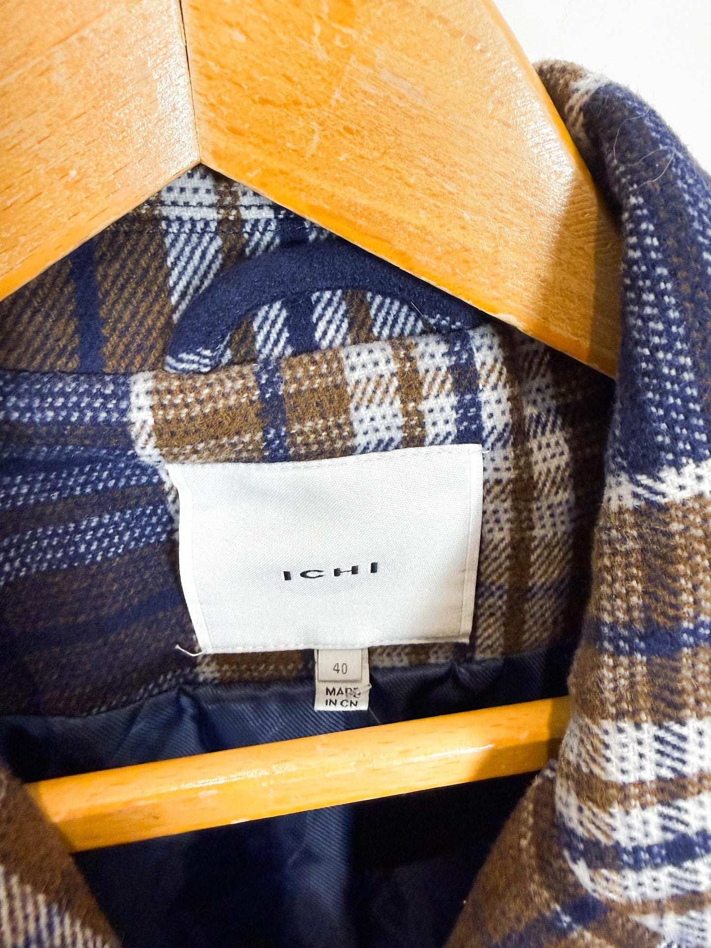 ICHI Plaid Coat in Navy/Brown (Size M/L)