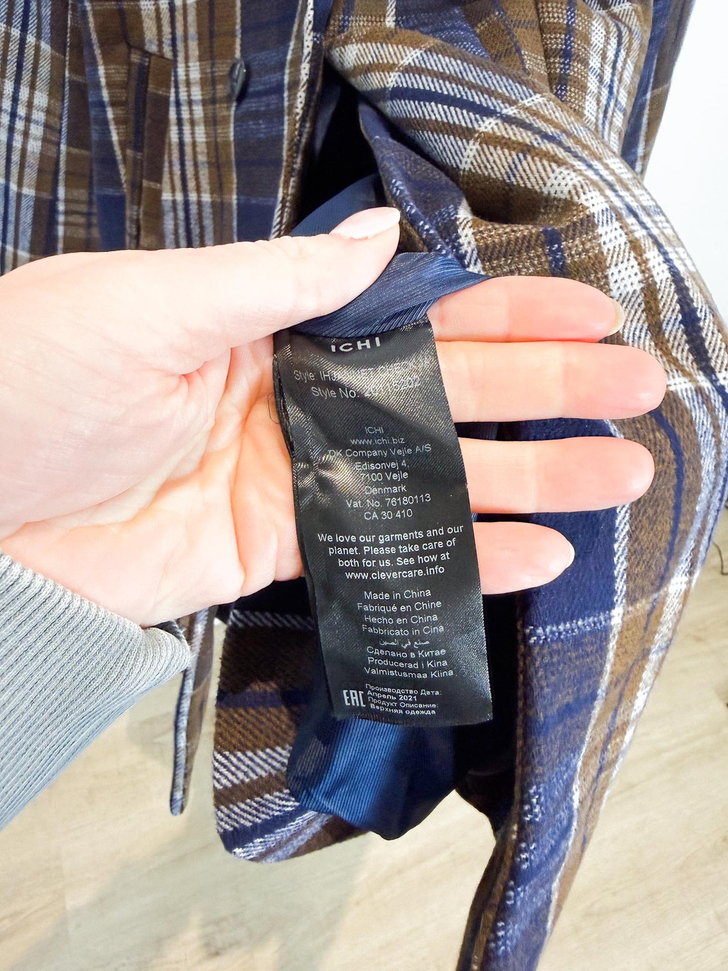 ICHI Plaid Coat in Navy/Brown (Size M/L)
