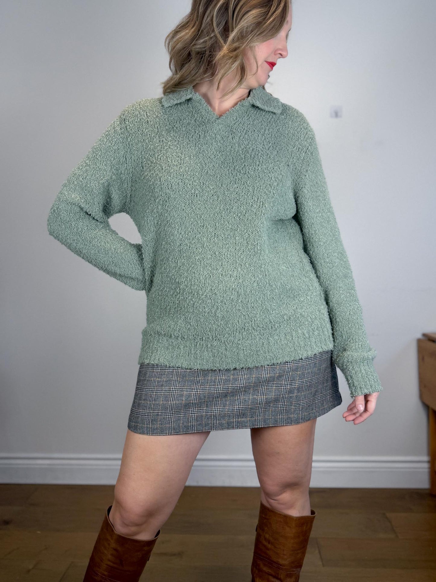 Sezane OCTOBRE Editions Fuzzy Collared Knit in Sea Green (Size L)