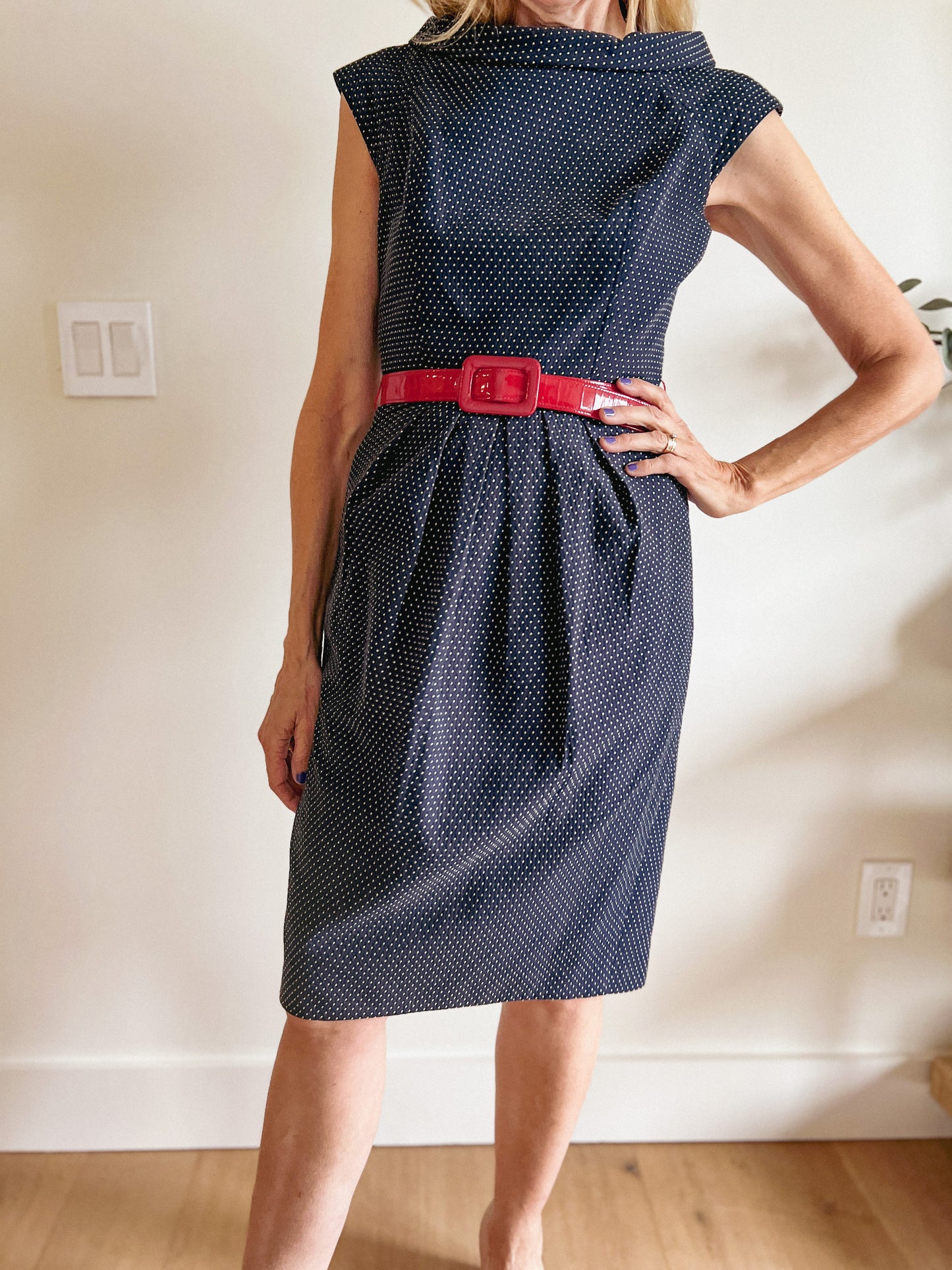 Ross Mayer Polka Dot Navy Linen Dress with Red Belt (Size S)