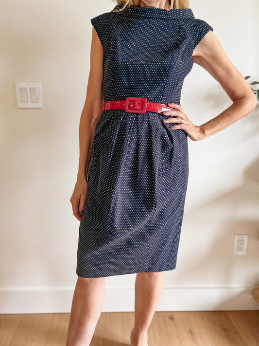 Ross Mayer Polka Dot Navy Linen Dress with Red Belt (Size S)